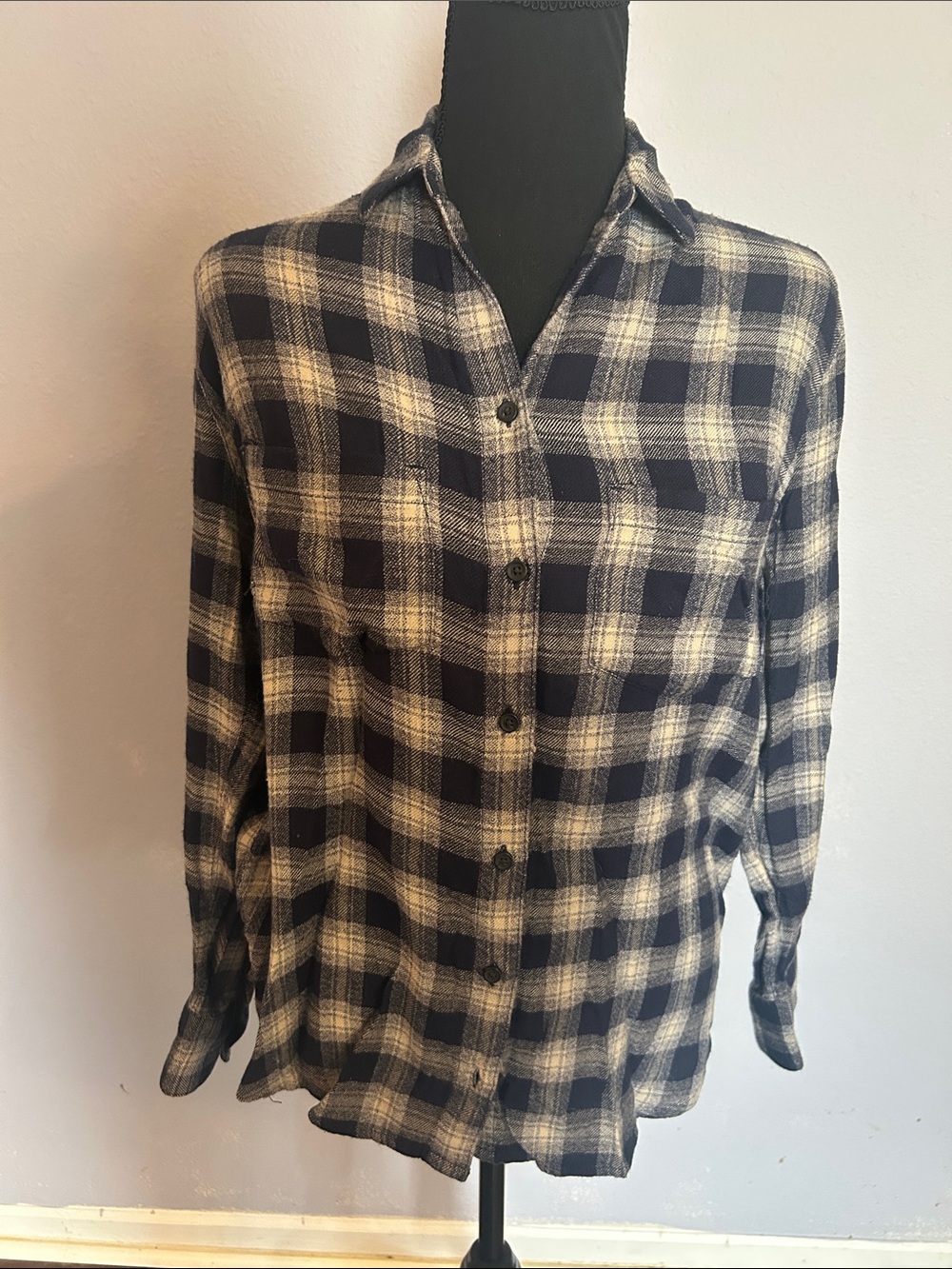 Madewell Women Navy and Cream Plaid Button-Up Flannel Shirt Size XXSmall